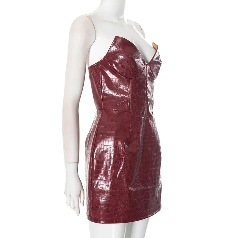Luxury Leather Strapless Short Dress Chic Womens Summer Sexy Party Waist Curvy Dresses 2025 Evening Red Green Brown Y2K Cocktail