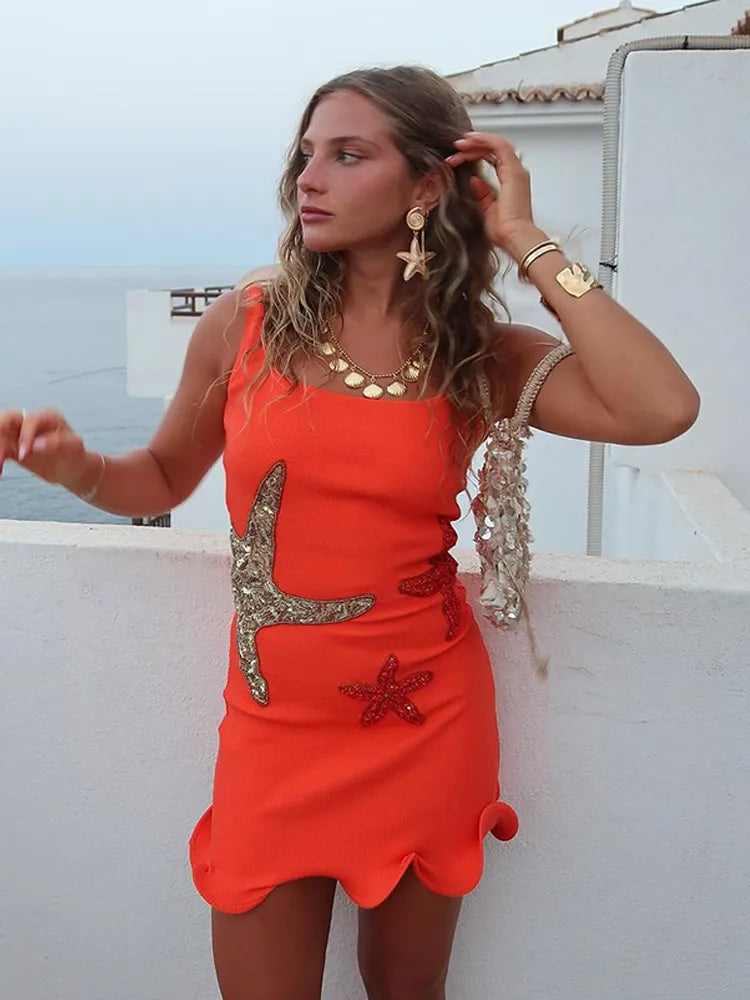 Stunning Shiny Stars Ruffles Hem Knitted Mini Dress