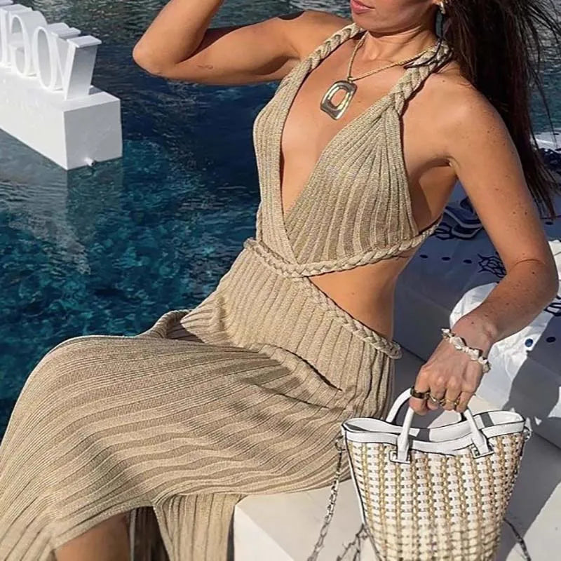 Hollow Out Sleeveless Knitted Long Dress