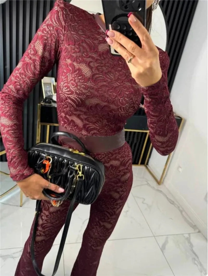 Lace Print Long Sleeve Jumpsuits