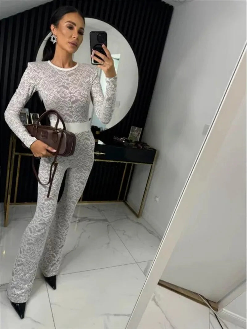 Lace Print Long Sleeve Jumpsuits