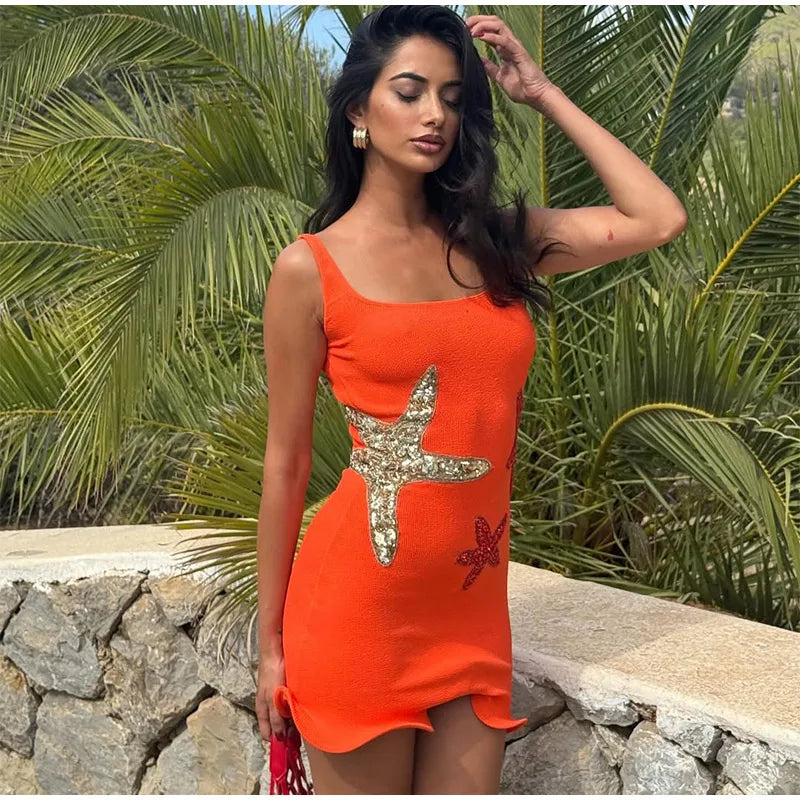 Stunning Shiny Stars Ruffles Hem Knitted Mini Dress