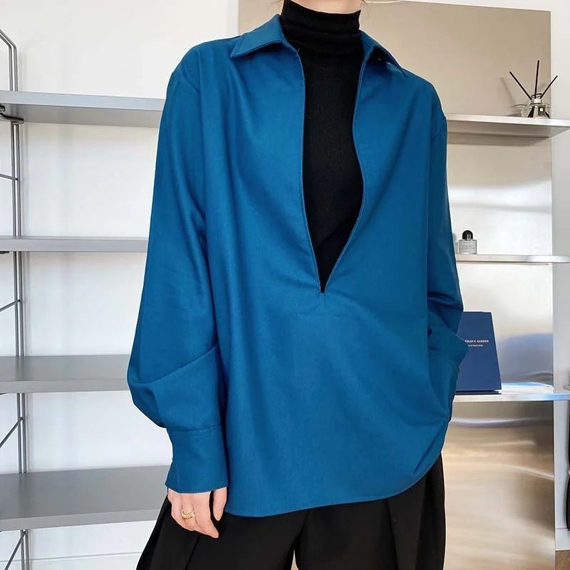V Neck Solid Full Sleeve Loose Tops