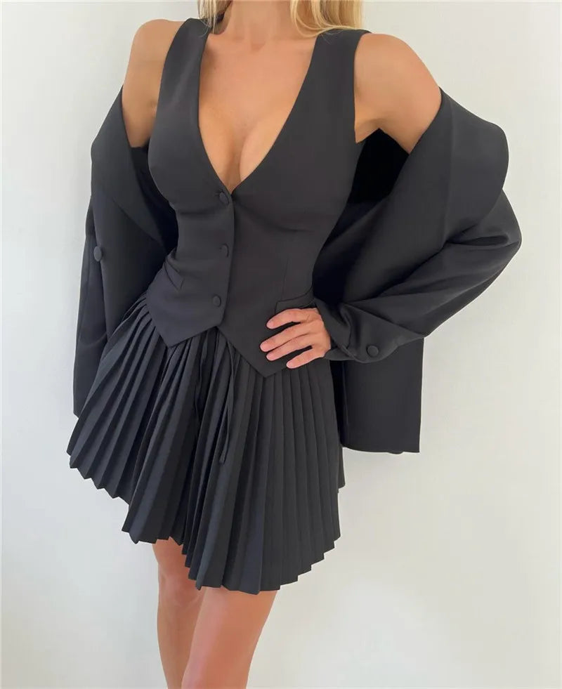 Sets V Neck Single-breasted Vest Tops And Pleated Mini Skirt