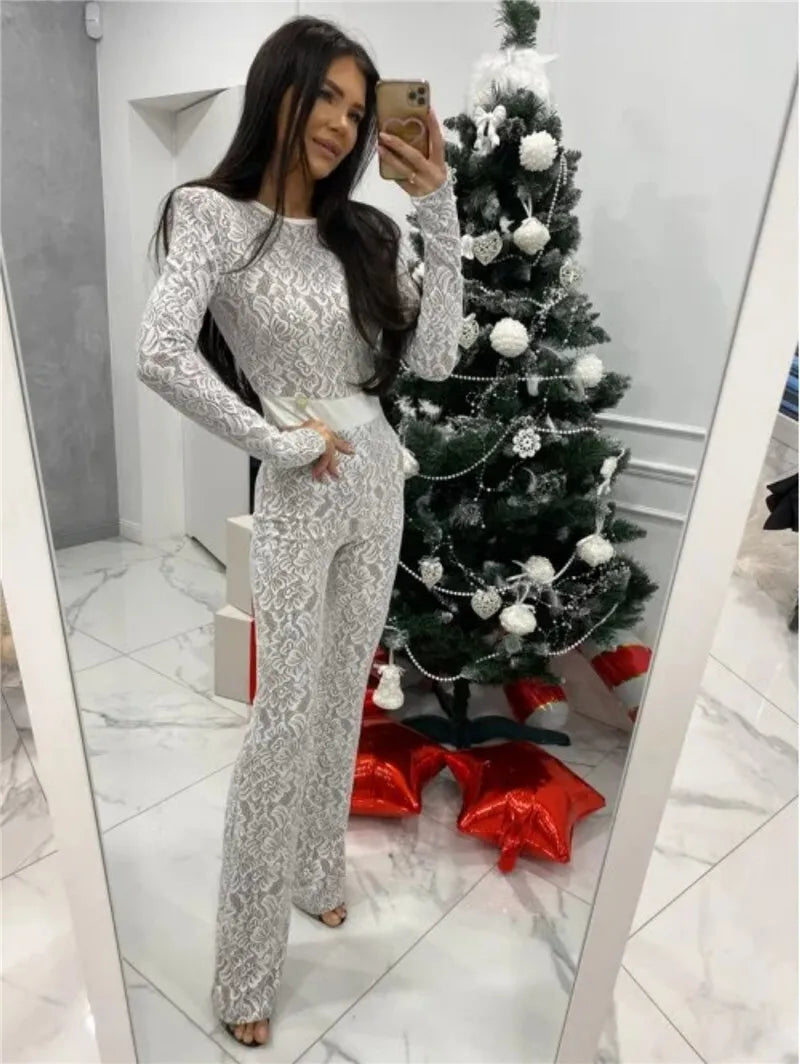 Lace Print Long Sleeve Jumpsuits