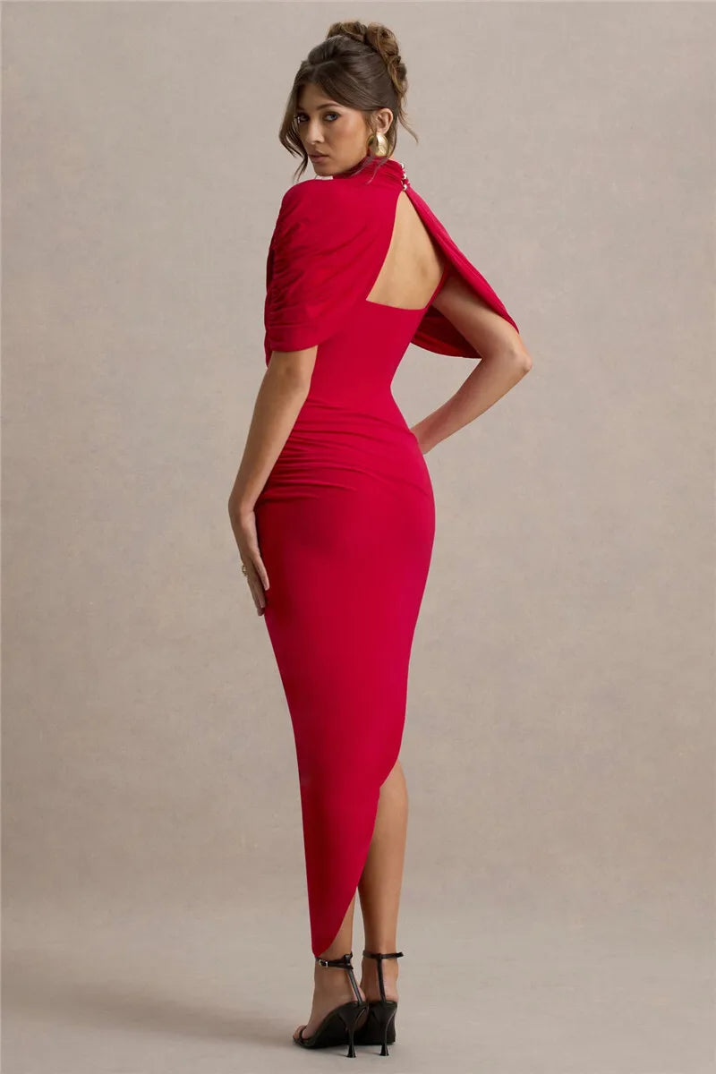 Half Sleeve Backless Ruched Maxi Dress