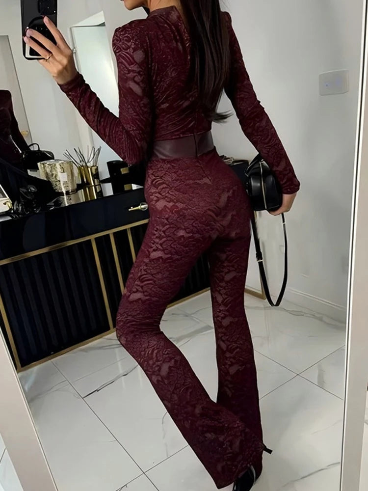 Lace Print Long Sleeve Jumpsuits