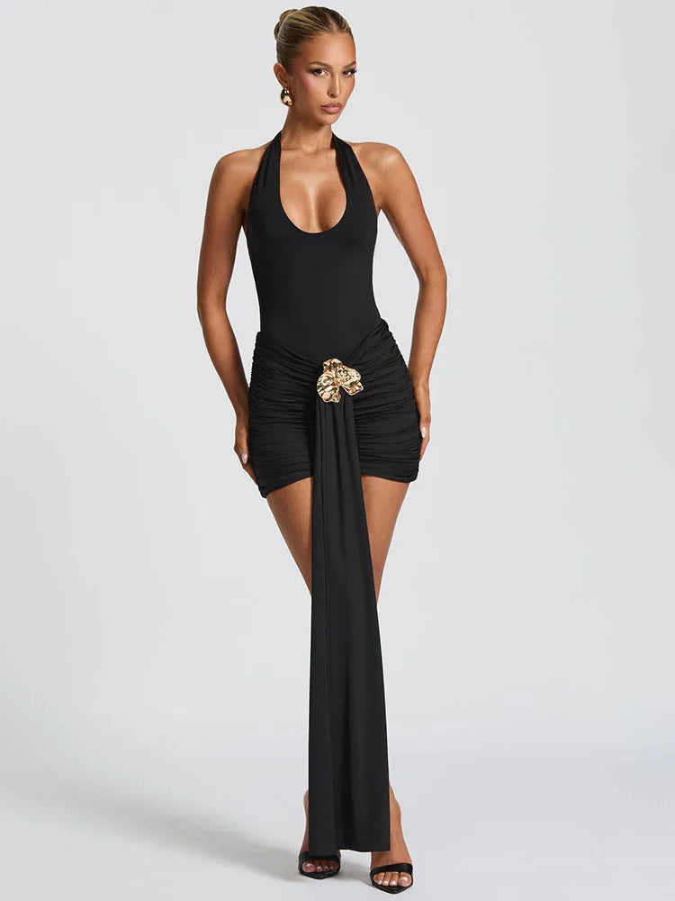 Flower Draped Ruched Sexy Mini Dress