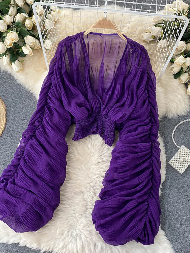 Draped Chiffon Blouset V-Neck