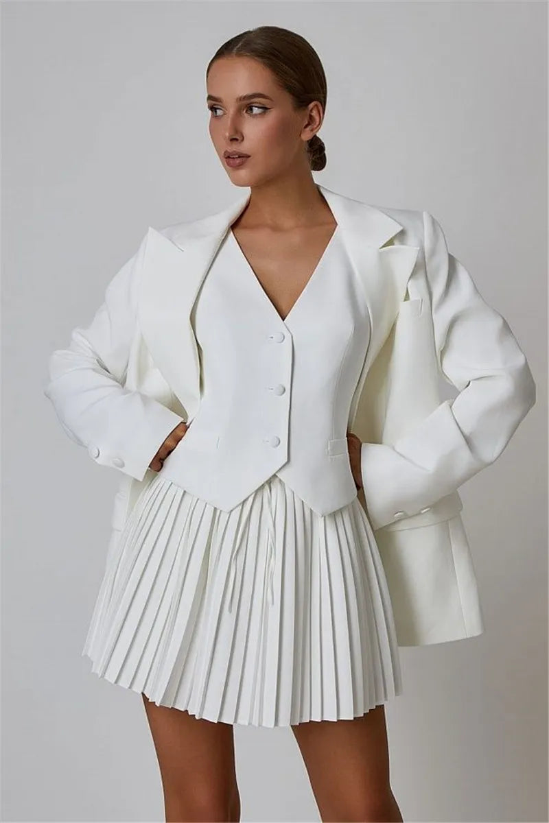 Sets V Neck Single-breasted Vest Tops And Pleated Mini Skirt