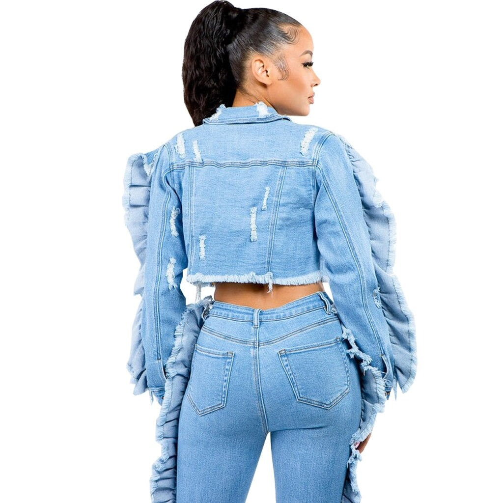 Ripped Ruffles Denim Coat