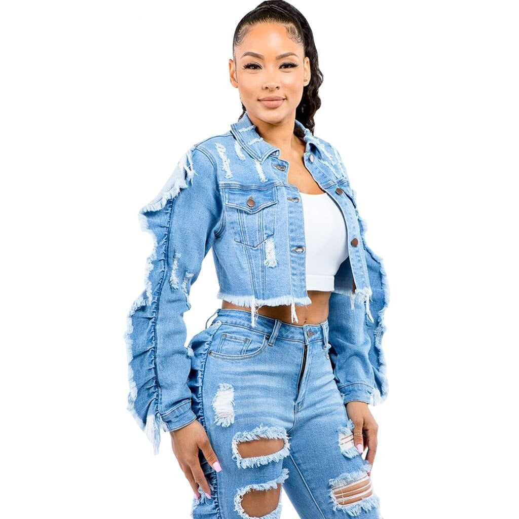 Ripped Ruffles Denim Coat