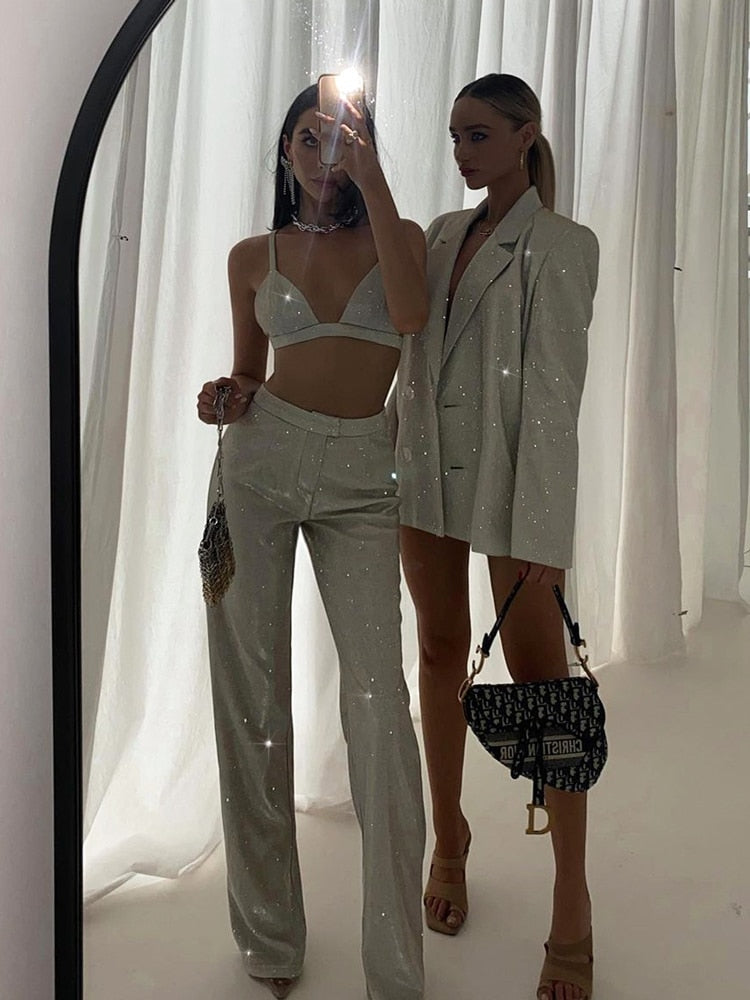 Glitter Silver Pants Set