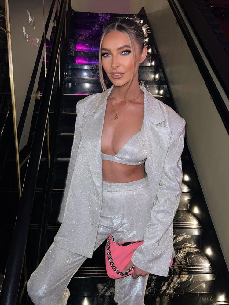 Glitter Silver Pants Set