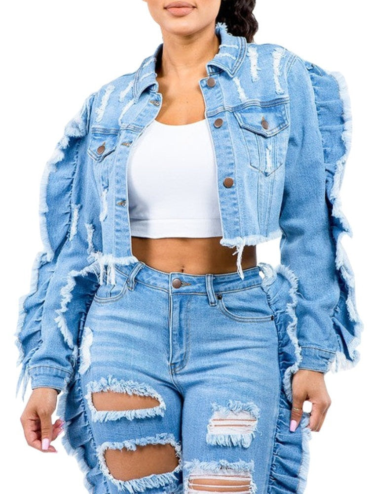 Ripped Ruffles Denim Coat