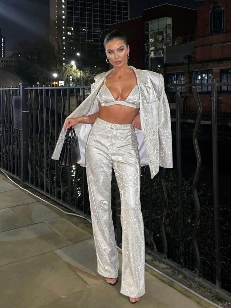 Glitter Silver Pants Set