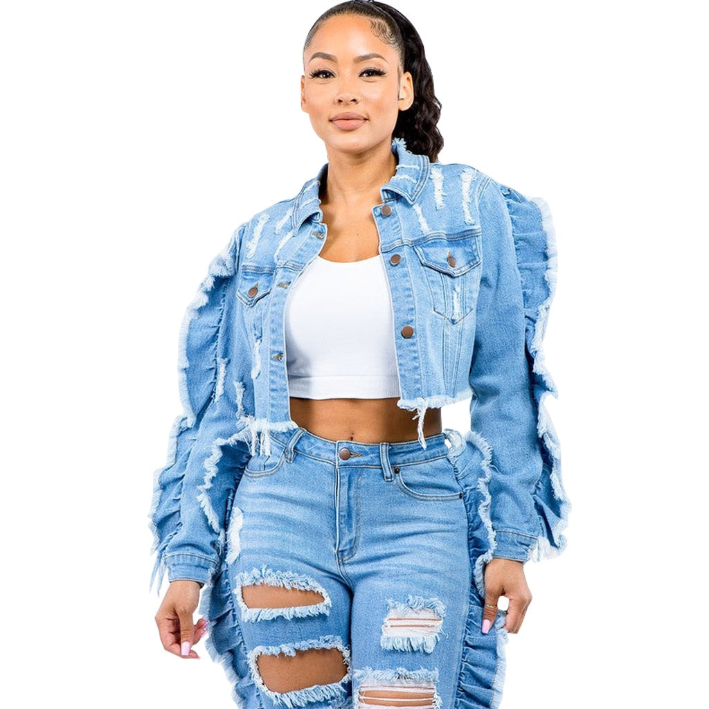 Ripped Ruffles Denim Coat
