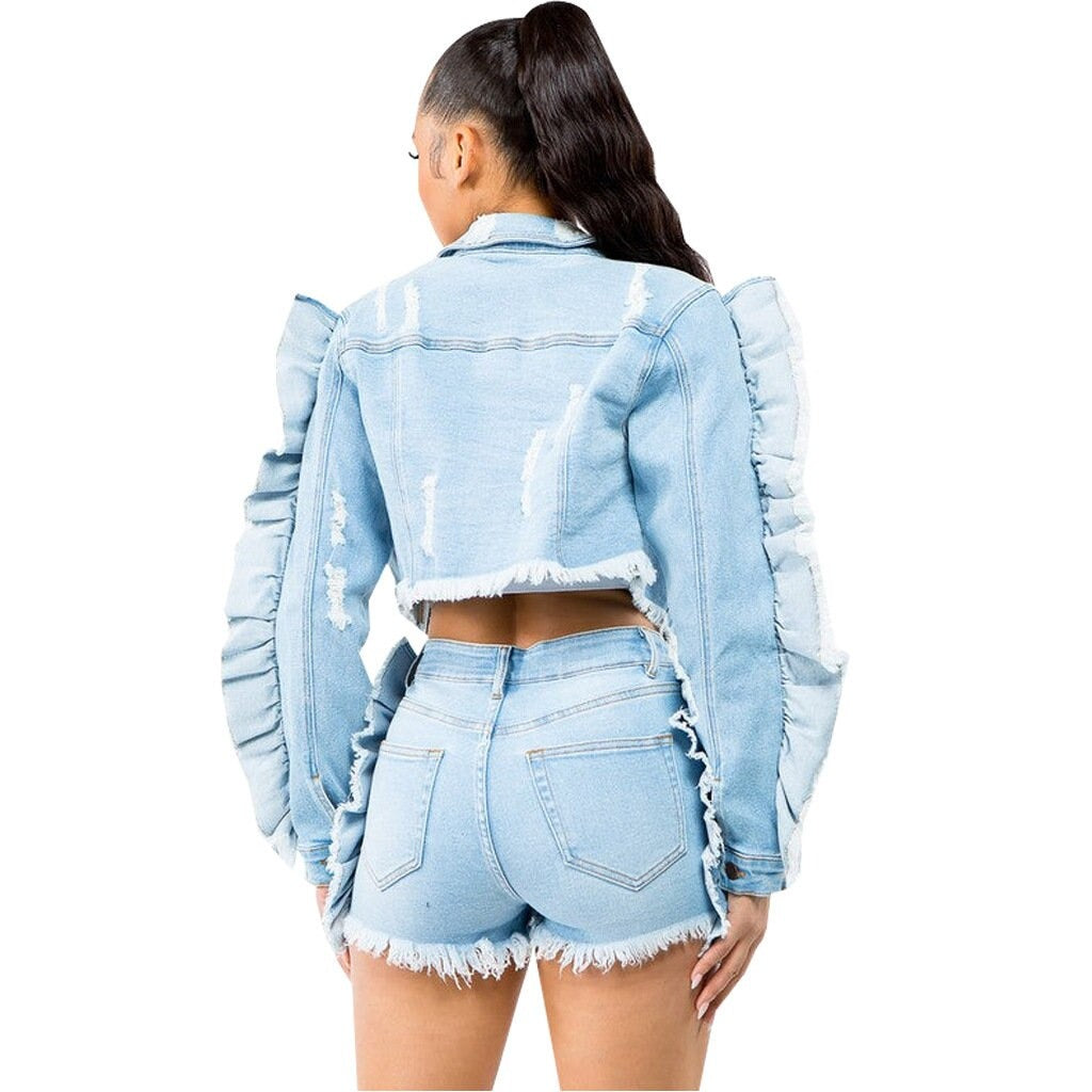 Ripped Ruffles Denim Coat