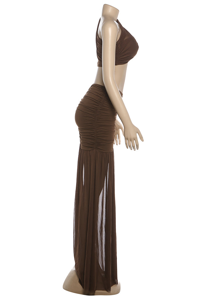 Nibber Fashion Ruched Elegant 2 Piece Set Woman Mesh Patchwork Skew Collar Backless Crop Tops+A-Line Long Skirt Prom Party Suit