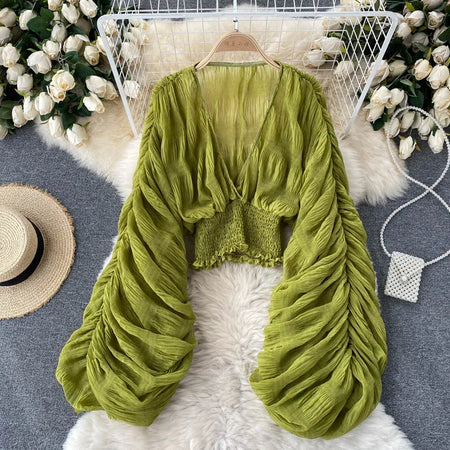 Draped Chiffon Blouset V-Neck