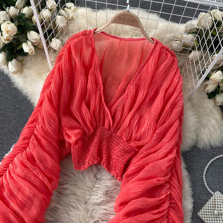 Draped Chiffon Blouset V-Neck