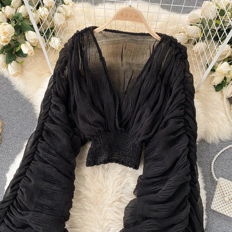 Draped Chiffon Blouset V-Neck