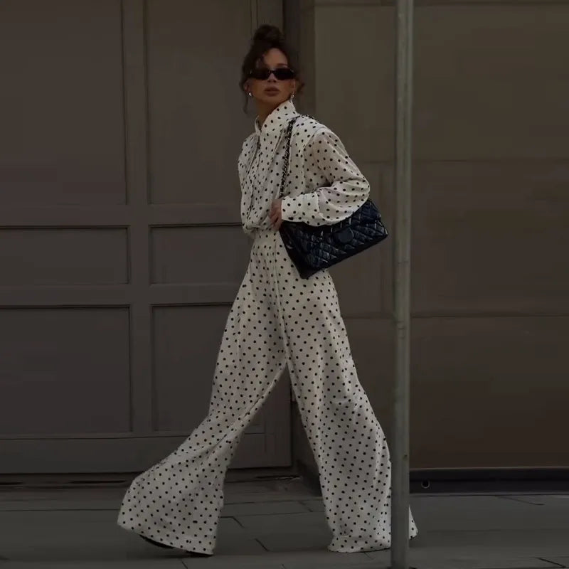 Casual Dot Shirt Pants Women Set Holidays Lapel Long Sleeve Blouse Wide Leg Pleated Trousers 2026 Spring Summer Lady Outfit