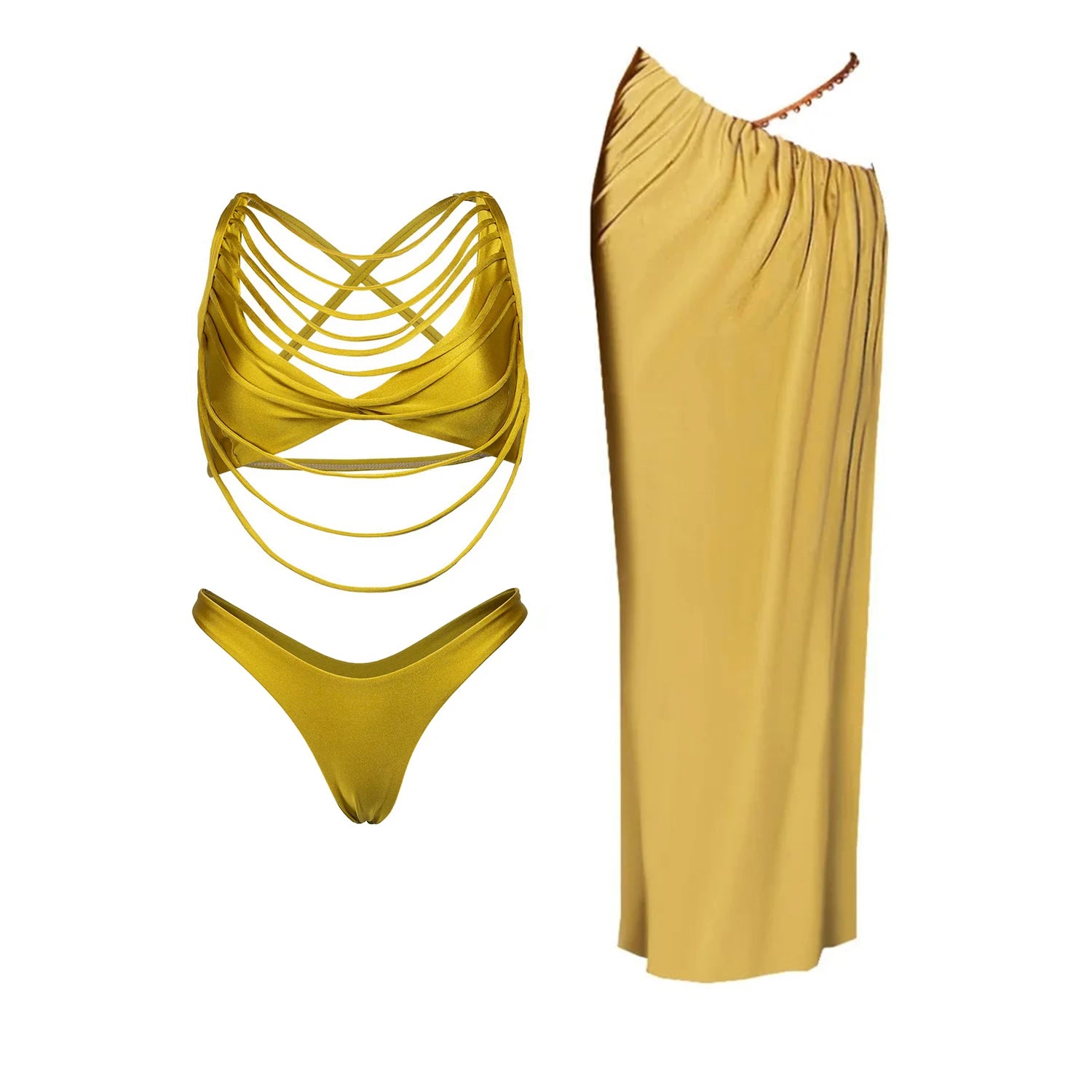 New 3Pcs Crochet Bikini With Long Skirt Sexy Swimsuit Women Swimwear Female Cut Out Biquini Swimming Suit Bodysuit Beachwear