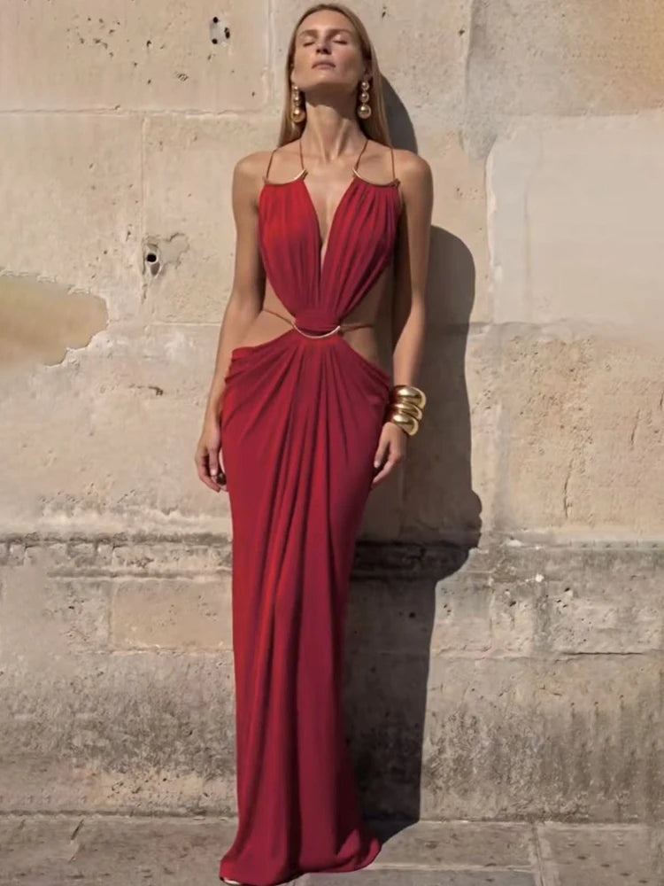 Halter Deep V Neck Maxi Dress Backless