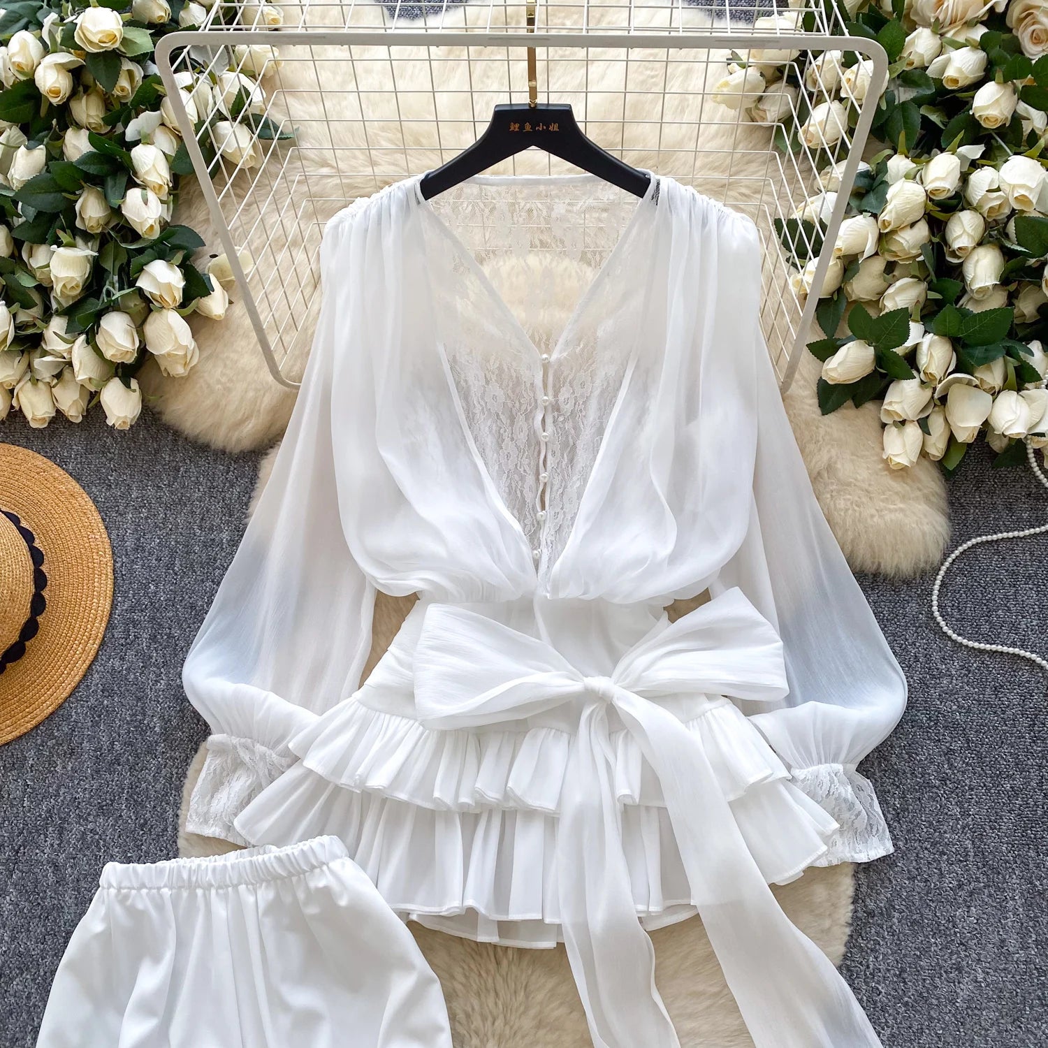 SINGREINY Fairycore Lace Chiffon Dresses With Stretch Shorts Pearl Button Bow Female Ruffles Sheer Seaside Holiday Mini Dress