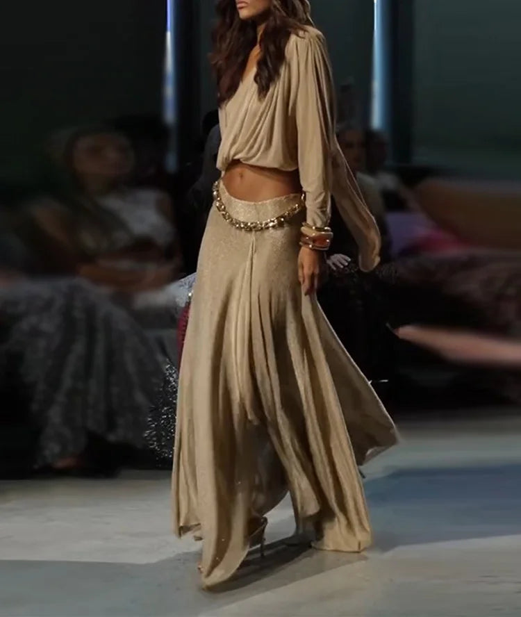 Sexy Women's Solid Top Long Skirt Set V-neck Batwing Full Sleeve Cross Crop Tops Chain Slit Skirts 2026 Summer Lady Beach Suit