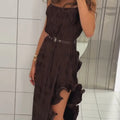 Chic Women's Belt Ruffles Long Dress Asymmetric Square Collar Sleeveless Backless Pleated Dresses 2026 Summer Lady Beach Robes