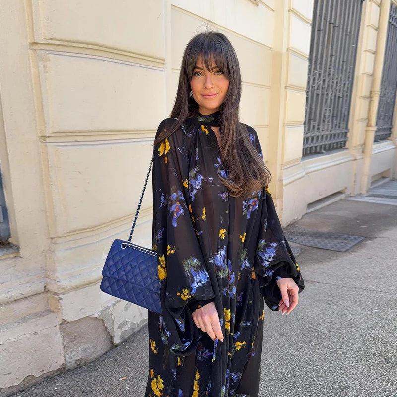 Elegant Cascading Ruffles Short Dresses Women Loose Blue Turtleneck Flare Sleeve Dress 2025 Spring Summer Lady Vacation Robes
