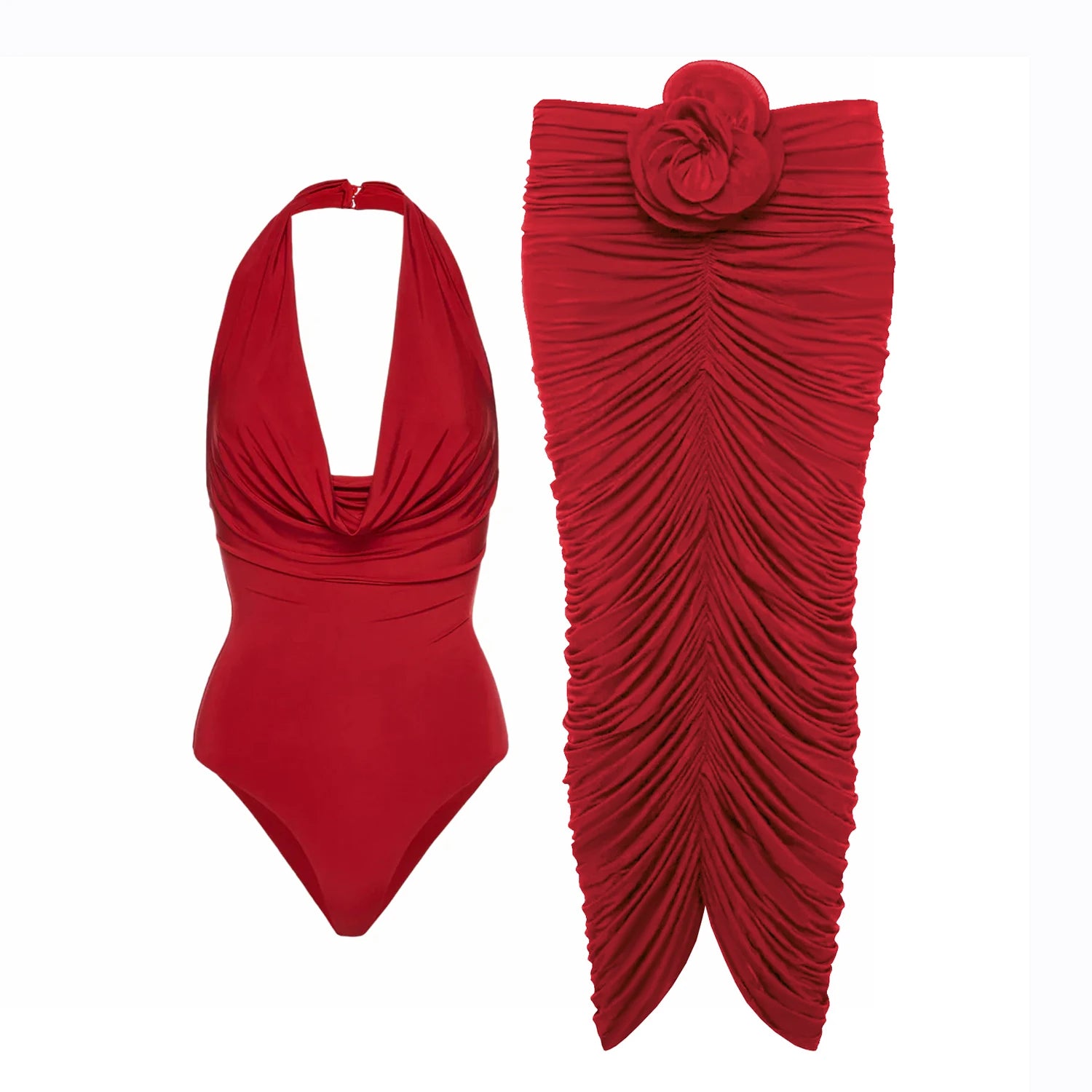 Flower Ruffle Swimsuit With Cover Up Luxury Woman Swimsuit Sexy Swimwear V Neck Swim Suit Red Bikini Sliming Bodysuit Beachwear