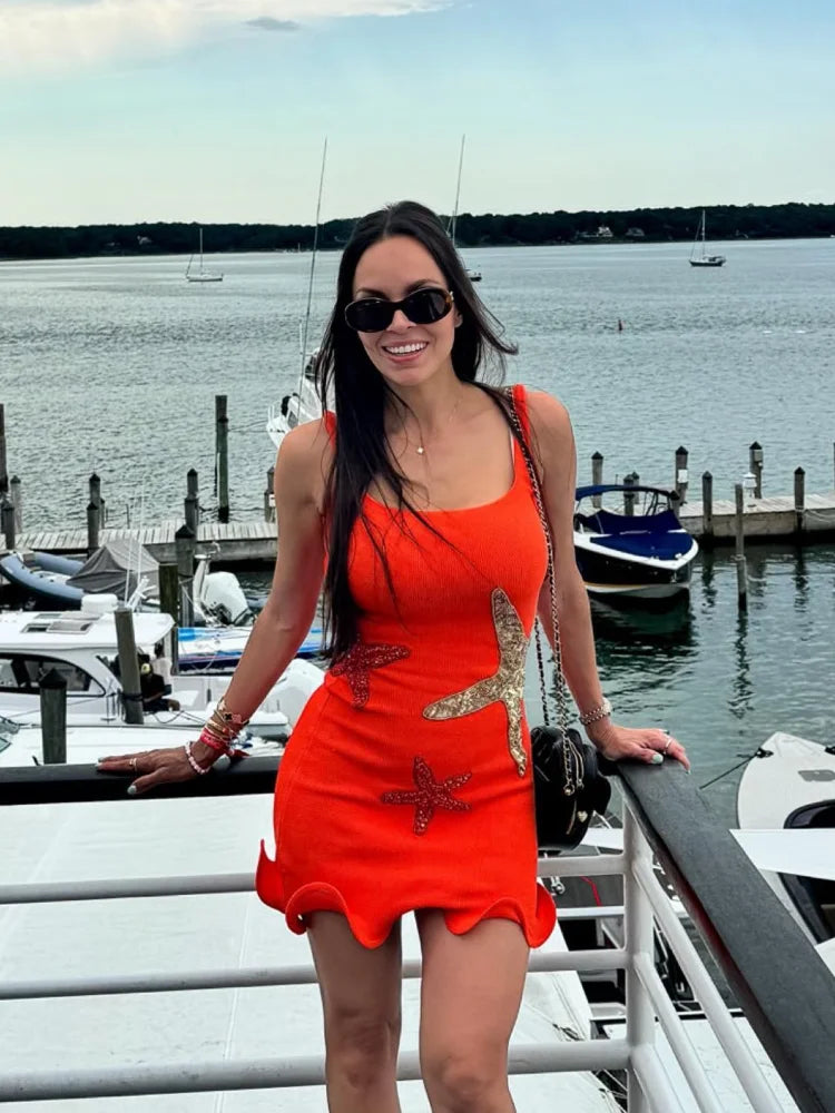 Stunning Shiny Stars Ruffles Hem Knitted Mini Dress