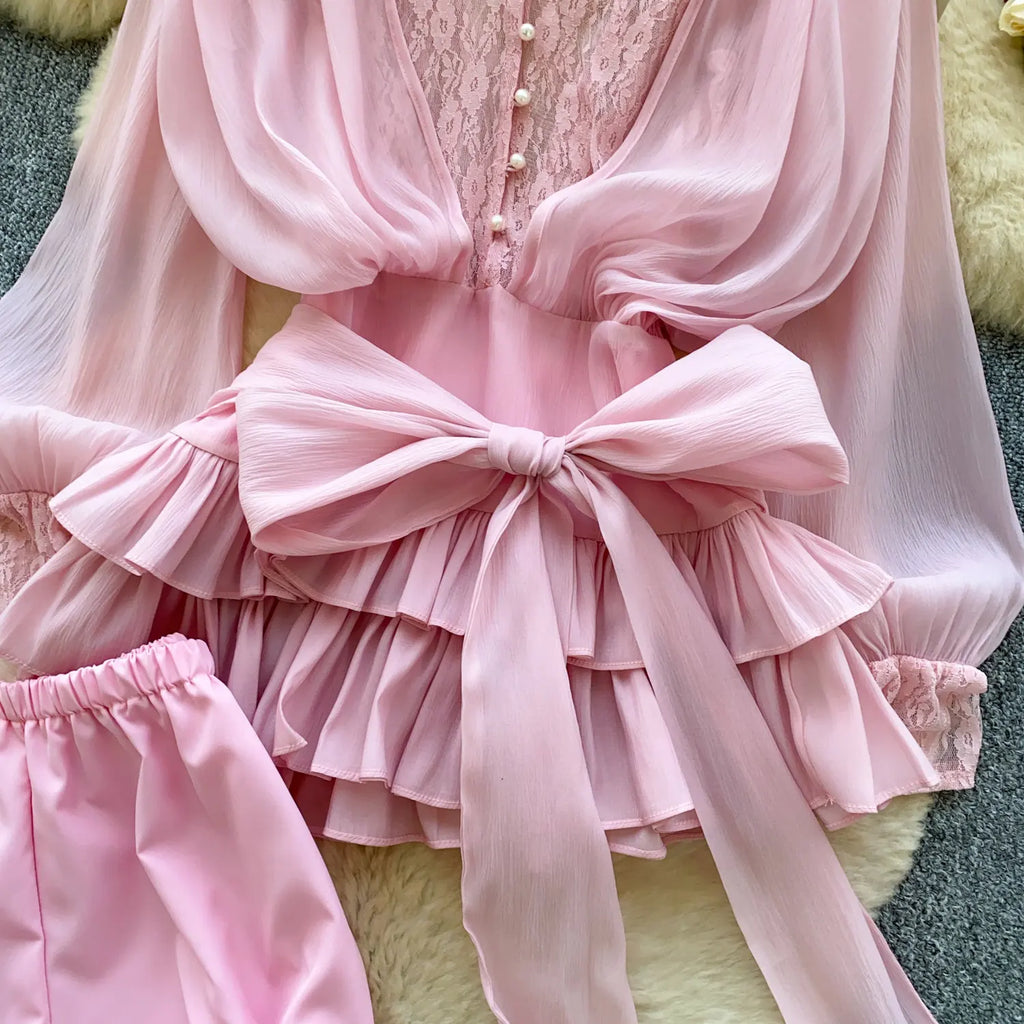 SINGREINY Fairycore Lace Chiffon Dresses With Stretch Shorts Pearl Button Bow Female Ruffles Sheer Seaside Holiday Mini Dress