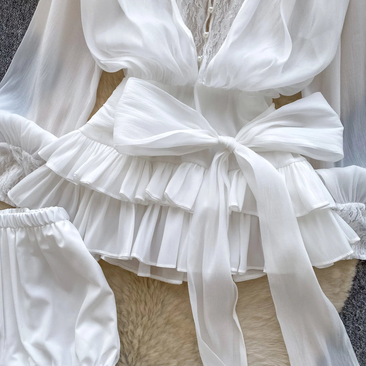 SINGREINY Fairycore Lace Chiffon Dresses With Stretch Shorts Pearl Button Bow Female Ruffles Sheer Seaside Holiday Mini Dress