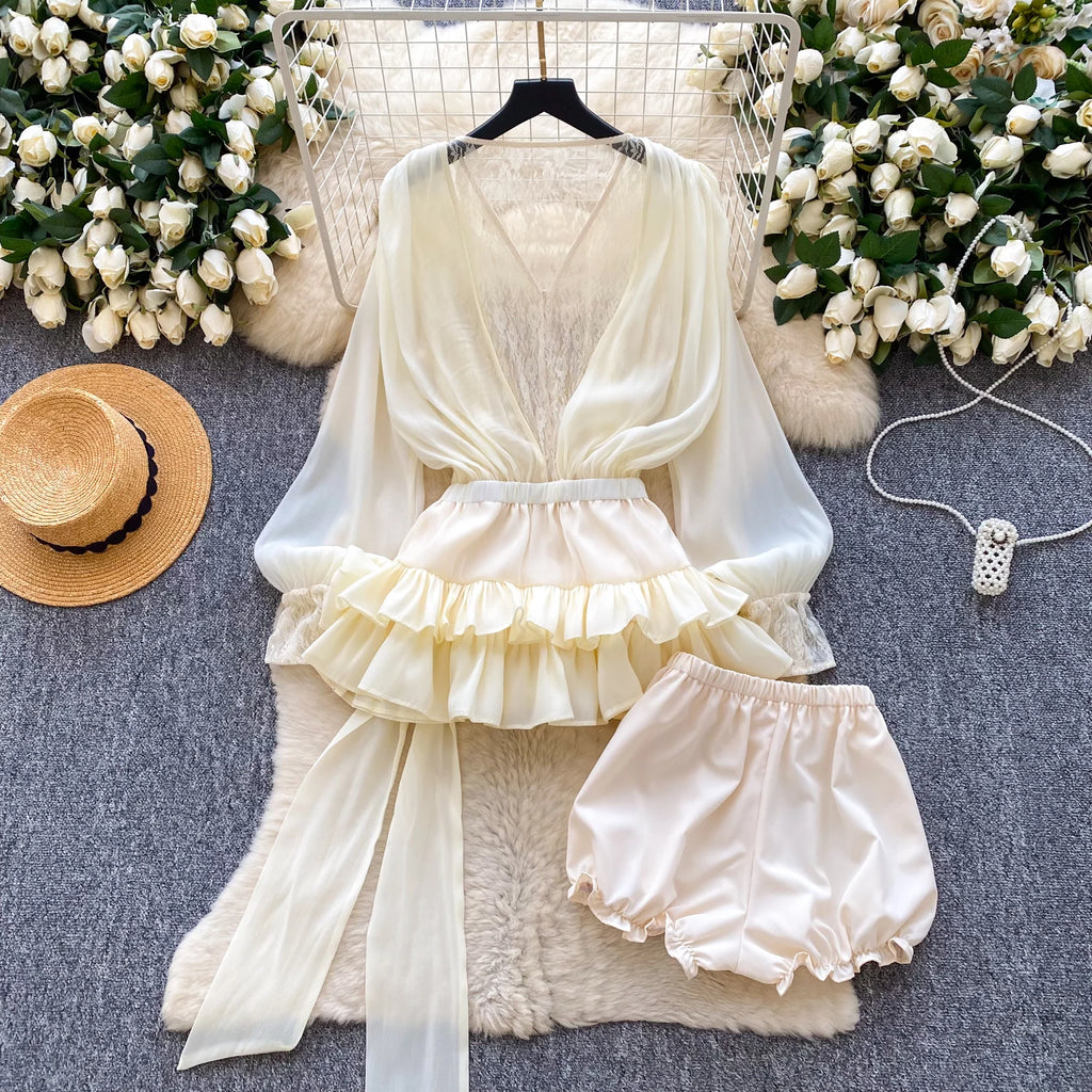 SINGREINY Fairycore Lace Chiffon Dresses With Stretch Shorts Pearl Button Bow Female Ruffles Sheer Seaside Holiday Mini Dress