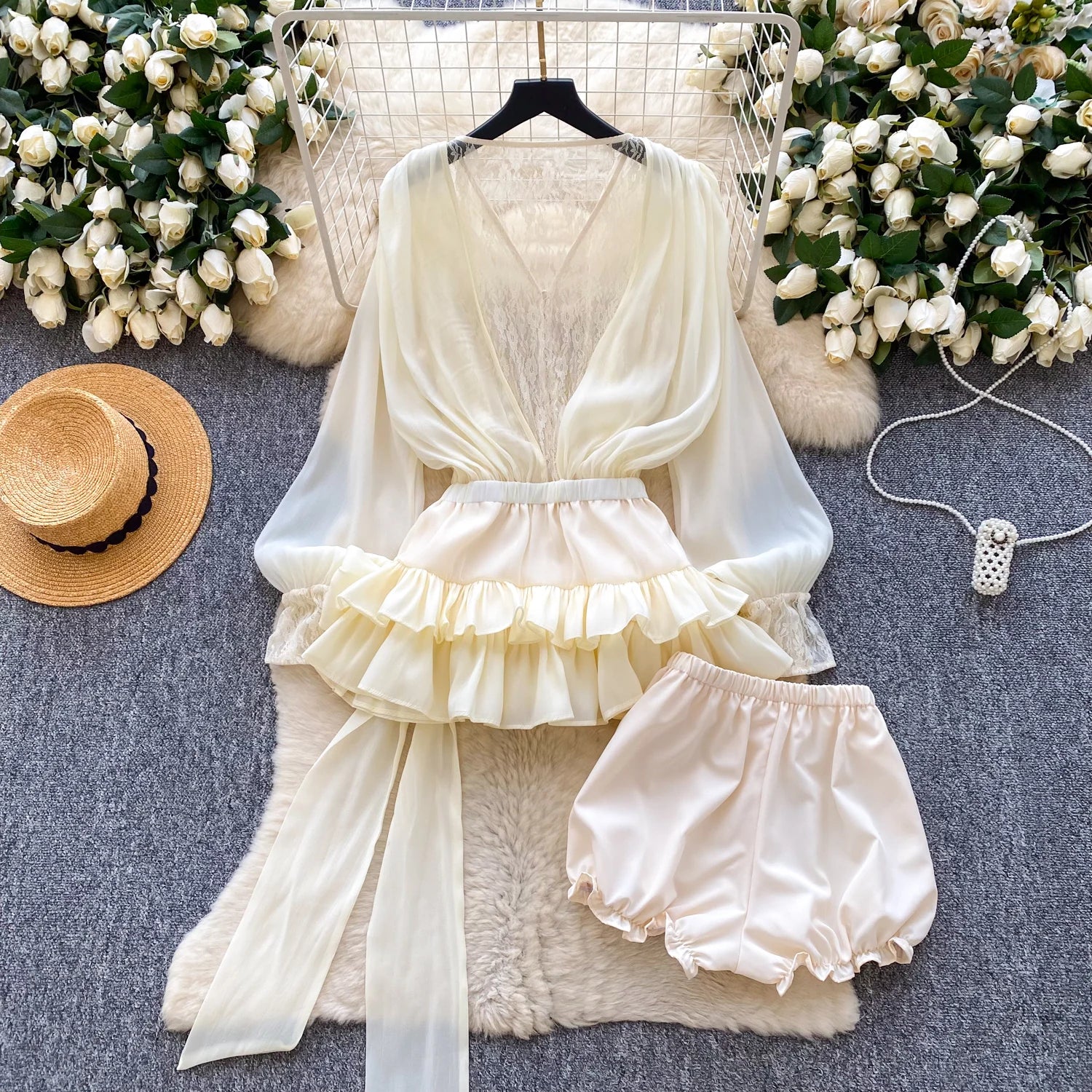 SINGREINY Fairycore Lace Chiffon Dresses With Stretch Shorts Pearl Button Bow Female Ruffles Sheer Seaside Holiday Mini Dress