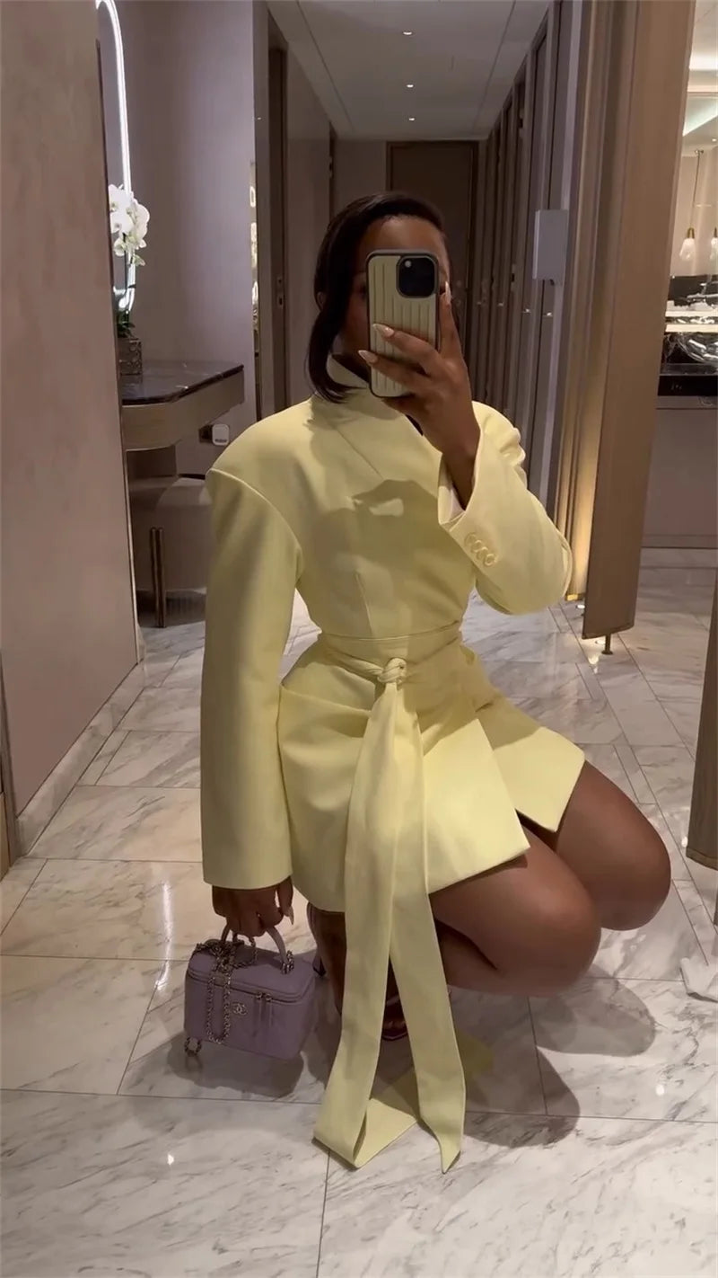 Autumn Yellow Women Suit Skirt 1 Piece Long Blazer Belted Sexy V Neck Jacket Formal Office Lady Wedding Guest Birthday Coat
