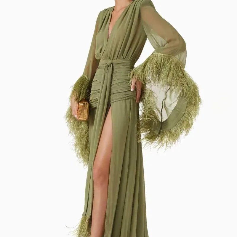 Women Elegant Solid Dress 2026 Fall V Neck Long Sleeve Feather Splicing Chiffon High Slit Slim Fit Maxi Dress Formal Party Gown