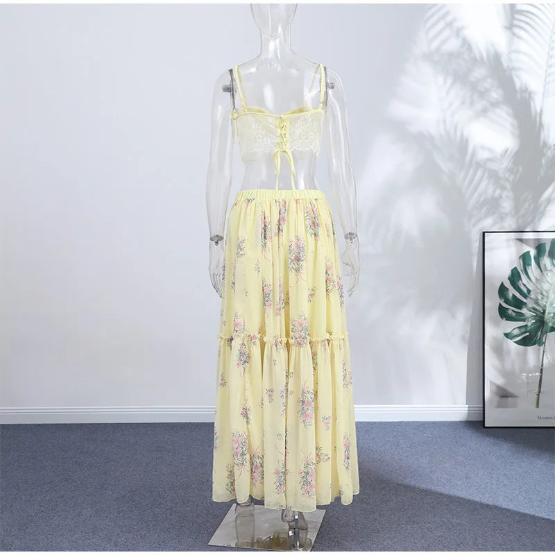 Floral Printed Women's Dress Lace Patchwork Spaghetti Strap Cami Top Female Tulle Ruffle Maxi Skirt Party Beach Dresses For Lady