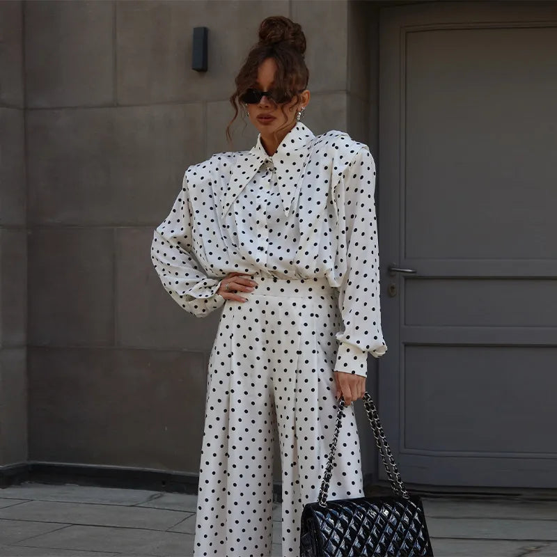 Casual Dot Shirt Pants Women Set Holidays Lapel Long Sleeve Blouse Wide Leg Pleated Trousers 2026 Spring Summer Lady Outfit
