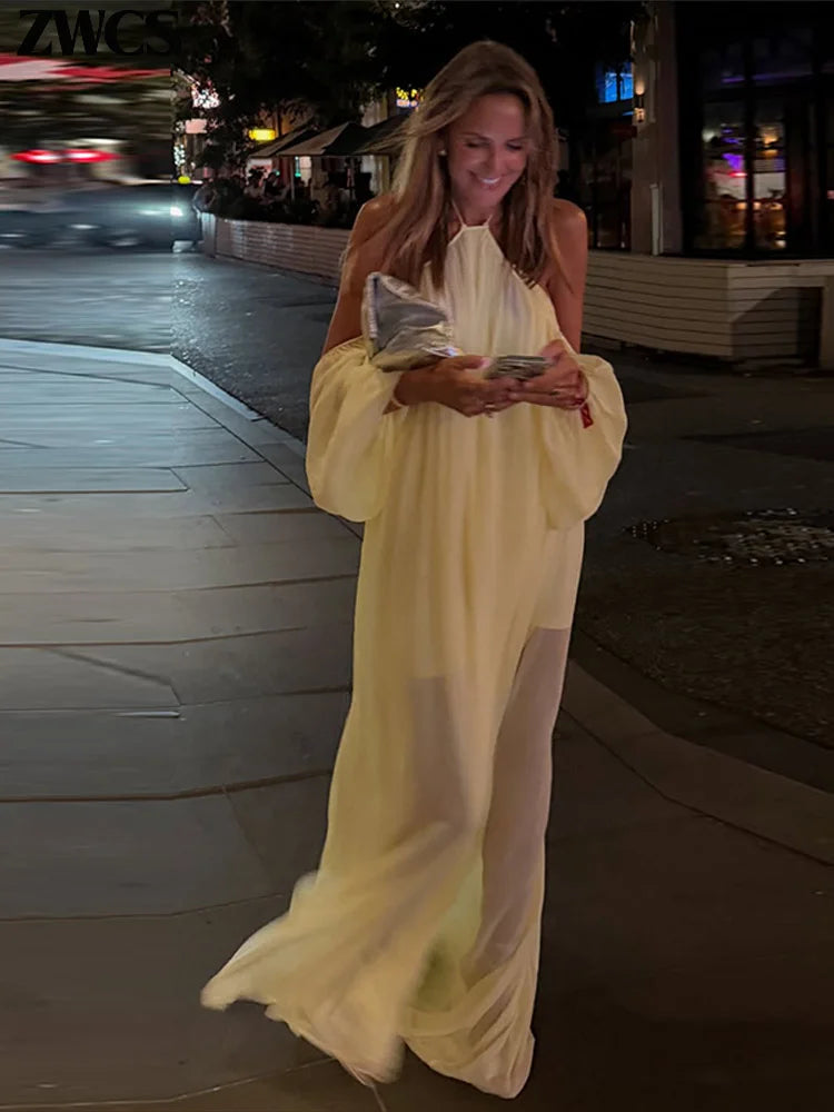 Sexy Halter Backless Party Gowns Women's Yellow Big Hem Off-shoulder Long Dresses 2026 Spring New Ladies Loose Beach Robes