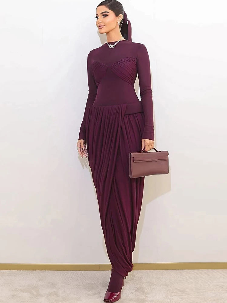 Weird Puss Wrapped Sexy Dress Women Mesh Patchwork Split Ruched Elegant Full Sleeve Trend Birthday Banquet Party Maxi Bodycon