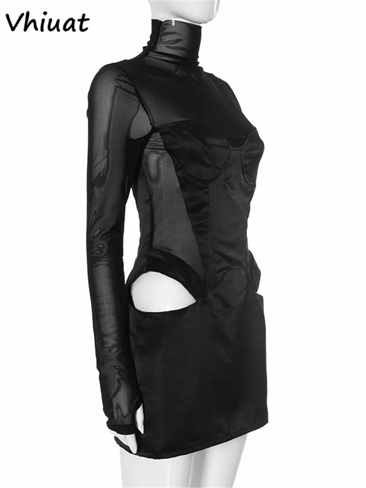 Vhiuat Sexy Cut Out Mesh Patchwork Turtleneck Long Sleeve Wrap Short Dress 2024 Party Evening Elegant Party Birthday Mini Dress