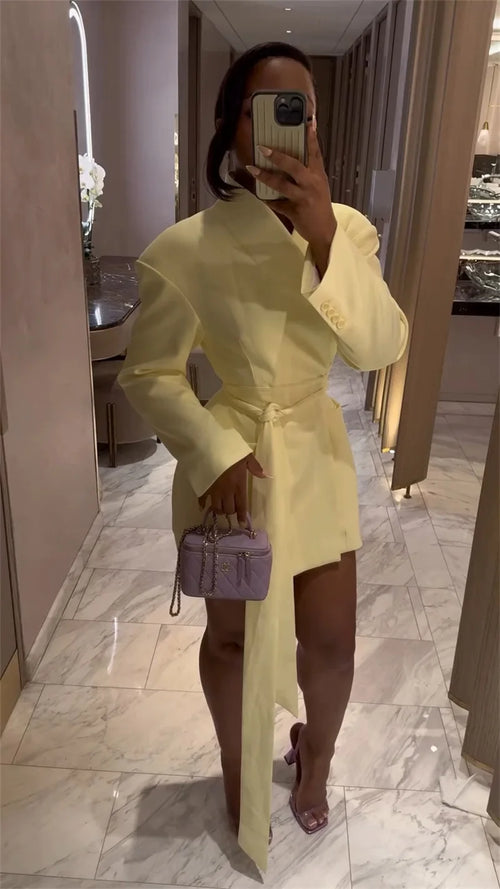 Autumn Yellow Women Suit Skirt 1 Piece Long Blazer Belted Sexy V Neck Jacket Formal Office Lady Wedding Guest Birthday Coat