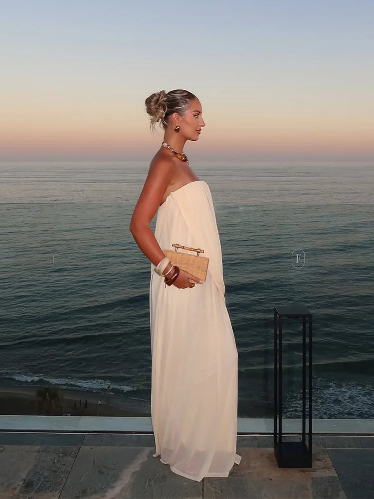 Strapless Pleated Maxi Sleeveless  Long Dresses