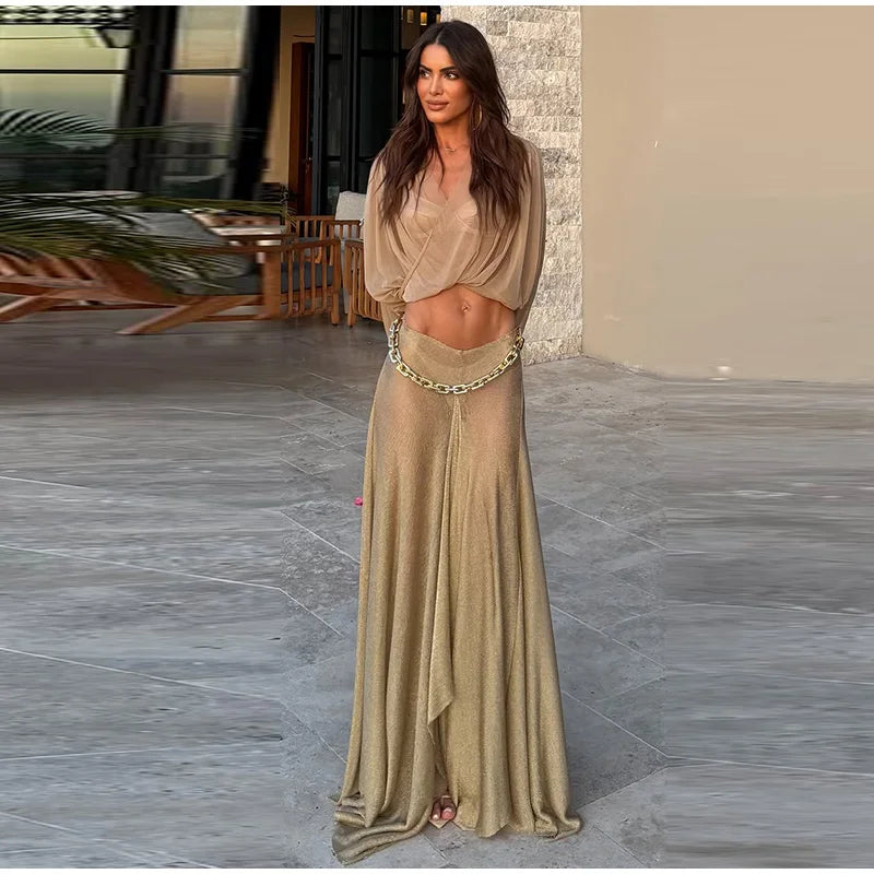 Sexy Women's Solid Top Long Skirt Set V-neck Batwing Full Sleeve Cross Crop Tops Chain Slit Skirts 2026 Summer Lady Beach Suit