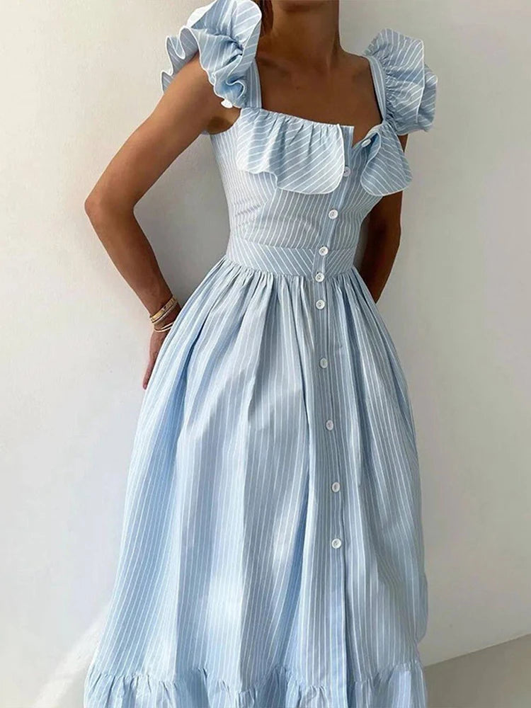 Elegant Striped Ruffled Women's Long Dress Square-Neck Single Breasted Flying Sleeve Dresses 2026 Summer Lady Party Beach Robes